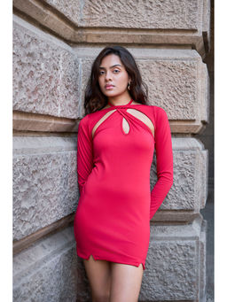 COLOR CAPITAL - Women Red Polyester Keyhole Neck Dress