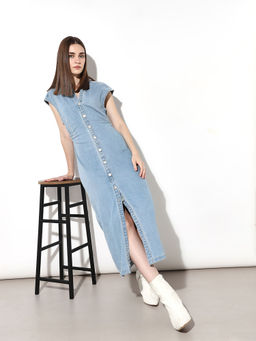 ONLY - Women Blue Cotton Blend Collar Neck Dress