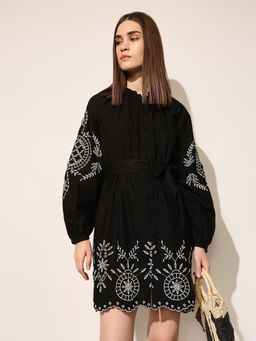 ONLY - Women Black Polyester Mandarin Neck Dress with Belt (Set of 2)