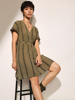 ONLY - Women Olive Cotton Blend V-Neck Dress