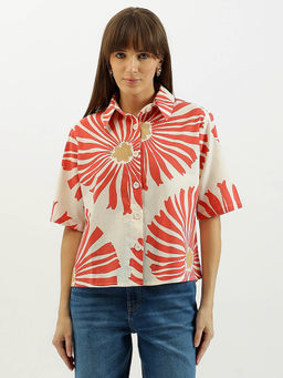 United Colors of Benetton - Spread Collar Printed Shirt - Coral