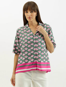 United Colors of Benetton - Resort Collar Stylized Floral Shirt - Green