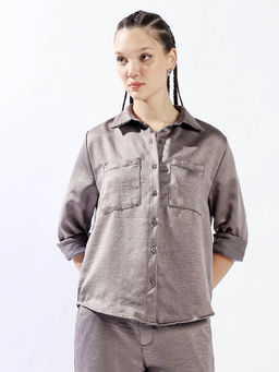 Hubberholme - Women Collar Neck Oversized Fit Full Sleeve Shirt - Grey