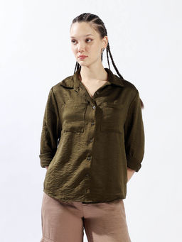 Hubberholme - Women Collar Neck Oversized Fit Full Sleeve Shirt - Green