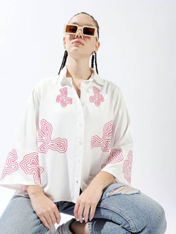 High Star - Women Collar Neck Oversized Fit Full Sleeves Shirt - White