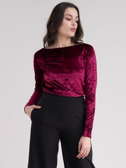 FableStreet - Magenta Pink Velvet Boat Neck Top