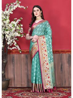 Yavira Silk - Teal Soft Cotton Silk Woven Zari Saree with Unstitched Blouse