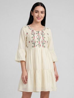 R&B - White Embroidered Round Neck Three-Quarter Sleeves Fit and Flare Mini Women Dress