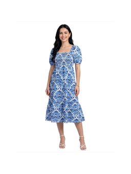 R&B - Blue Paisley Printed Short Sleeves Square Neck Midi Women Dress