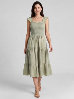R&B - Green Self Design Square Neck Sleeveless A-Line Midi Women Dress