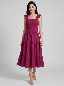 R&B - Fuchsia Self Design Square Neck Sleeveless A-Line Midi Women Dress