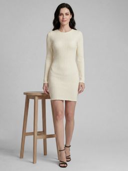 R&B - Off White Self Design Round Neck Long Sleeves Bodycon Mini Women Dress