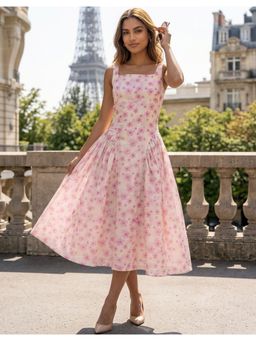 Moomaya - Pink Women Cotton Floral Corset Midi Dress