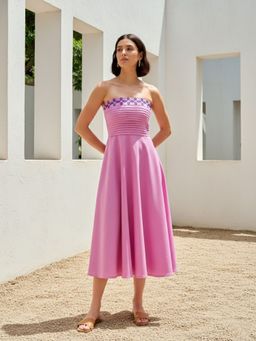 PURVAJA - Pink Women Fit and Flared Midi Length Sleeveless Solid Dress