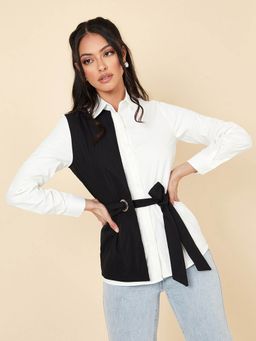 Styli - Black Long Sleeves Colorblock Shirt With Tie Up