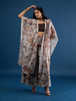 Gajra Gang - Olive Georgette Floral Printed Cape, Bustier Top & Pant Trousseau Tijori (Set of 3)