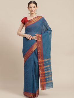 ISHIN - Womens Cotton Blend Teal Solid Woven Design Saree with Unstitched Blouse