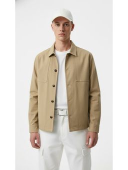 Nobero - Men Beige Cotton Blend Solid Shacket