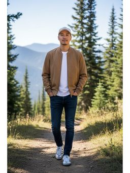 Nobero - Men Brown Suede Textured Bomber