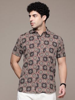 CAYMAN - Mens's Taupe Ethnic Motifs Printed Pure Cotton Casual Shirt