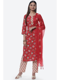 Biba - Red Cotton Unstitched Suit (Set of 3)