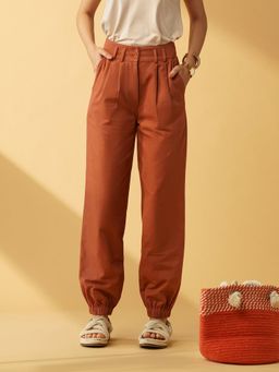 B77 - Women Rust Organic Cotton Plain Straight Casual Pant