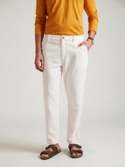 B77 - Men White Linen Plain Straight Casual Pant