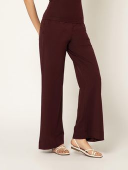 B77 - Women Maroon Viscose Plain Boot Cut Formal Pant