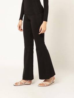 B77 - Women Black Cotton Plain Boot Cut Casual Pant