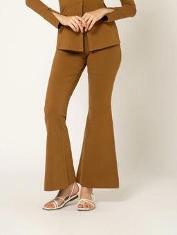 B77 - Women Brown Cotton Plain Boot Cut Casual Pant