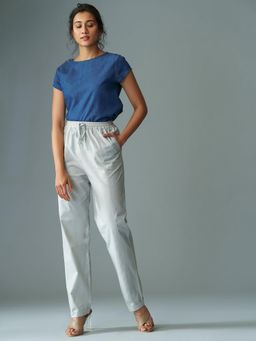 B77 - Women Grey Cotton Linen Plain Straight Formal Pant