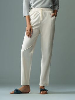 B77 - Women White Cotton Linen Plain Straight Formal Pant