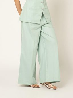 B77 - Women Green Organic Cotton Plain Wide Casual Pant