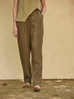 B77 - Women Olive Organic Cotton Plain Straight Casual Pant