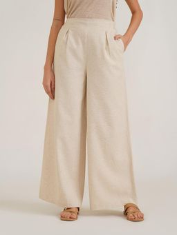 B77 - Women's Beige Cotton Plain Wide Casual Pant