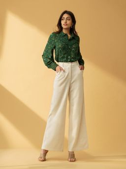 B77 - Women White Organic Cotton Plain Wide Casual Pant
