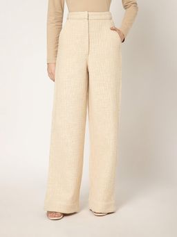 B77 - Women Beige Organic Cotton Textured Wide Casual Pant