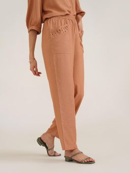 B77 - Women Brown Viscose Embroidered Straight Casual Pant