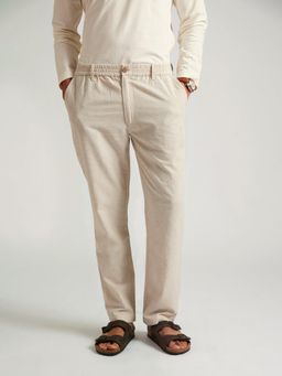 B77 - Men Off White Organic Cotton Plain Straight Formal Pant