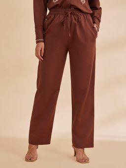 B77 - Women Brown Linen Plain Straight Casual Pant