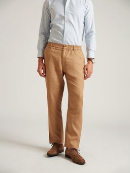 B77 - Men Brown Organic Cotton Plain Straight Casual Pant
