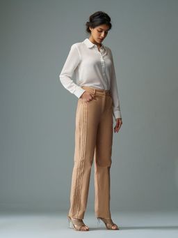 B77 - Women Tan Organic Cotton Plain Straight Formal Pant