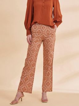 B77 - Women Rust Organic Cotton Printed Straight Casual Pant