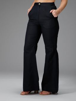 B77 - Women Black Organic Cotton Plain Boot Cut Casual Pant