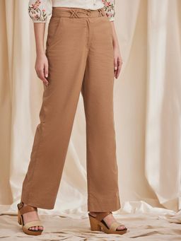 B77 - Women Brown Organic Cotton Plain Straight Casual Pant