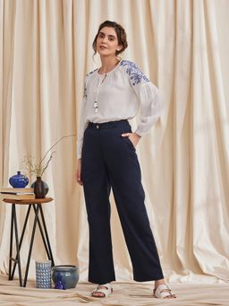 B77 - Women Navy Blue Organic Cotton Plain Straight Casual Pant