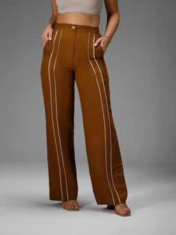 B77 - Women Brown Cotton Linen Stripes Straight Casual Pant