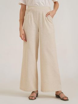 B77 - Women Beige Cotton Plain Wide Casual Pant