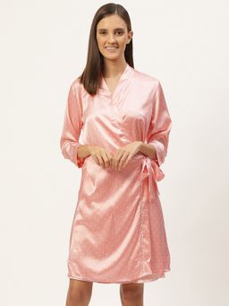 Sweet Dreams - Women Peach Polka Print Night Dress with Robe (Set of 2)