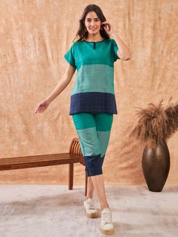 The Kaftan Company - Green Colorblock Handloom Cotton Capri and Top (Set of 2)